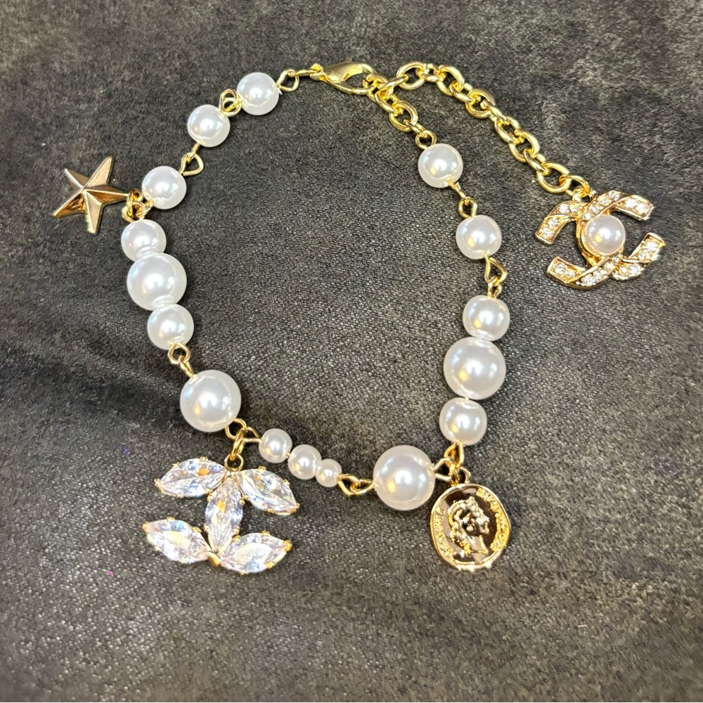 Pearl & Gold Bracelet with Crystal C Charm, Star & Coin Adjustable Lightweight